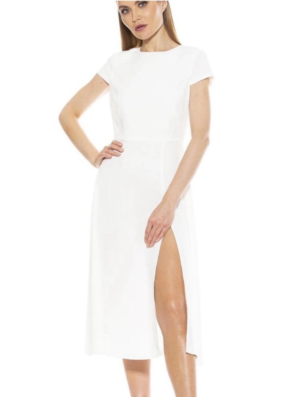 Alexa Admor White Midi Dress with Cap Sleeves